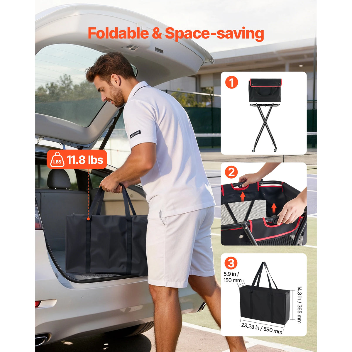 SucceBuy Foldable Tennis Ball Hopper With Durable Wheels