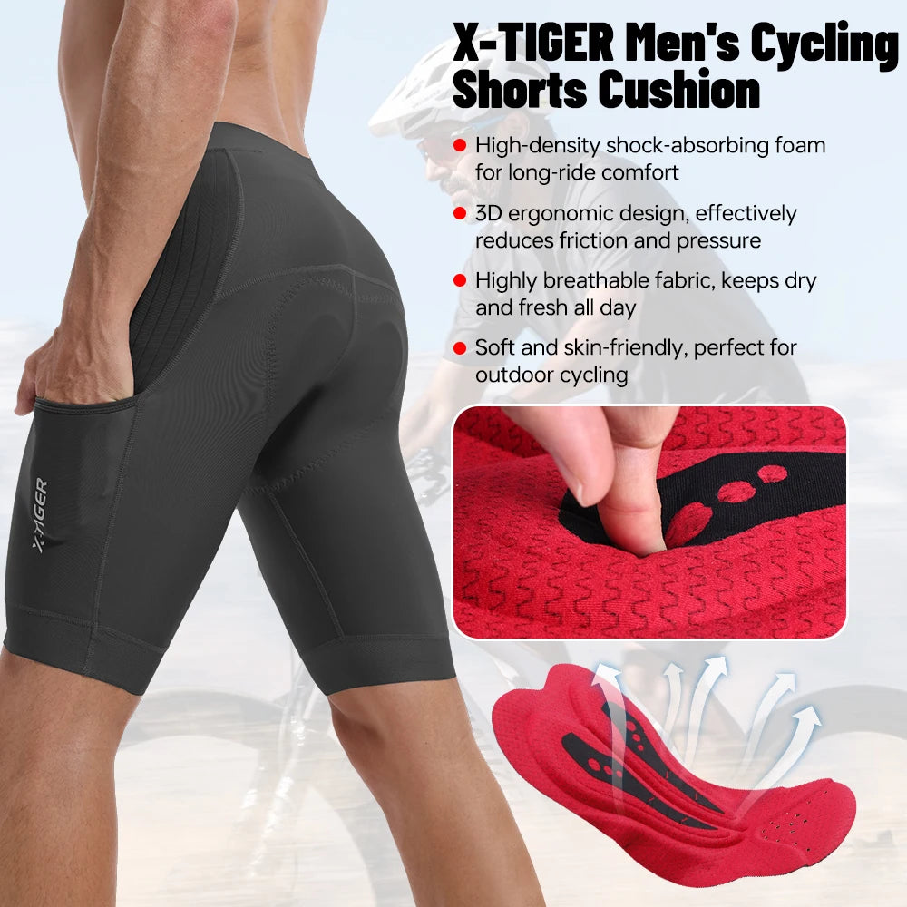 X-Tiger Men's Padded Cycling Shorts For Road And Mountain Biking With Pockets