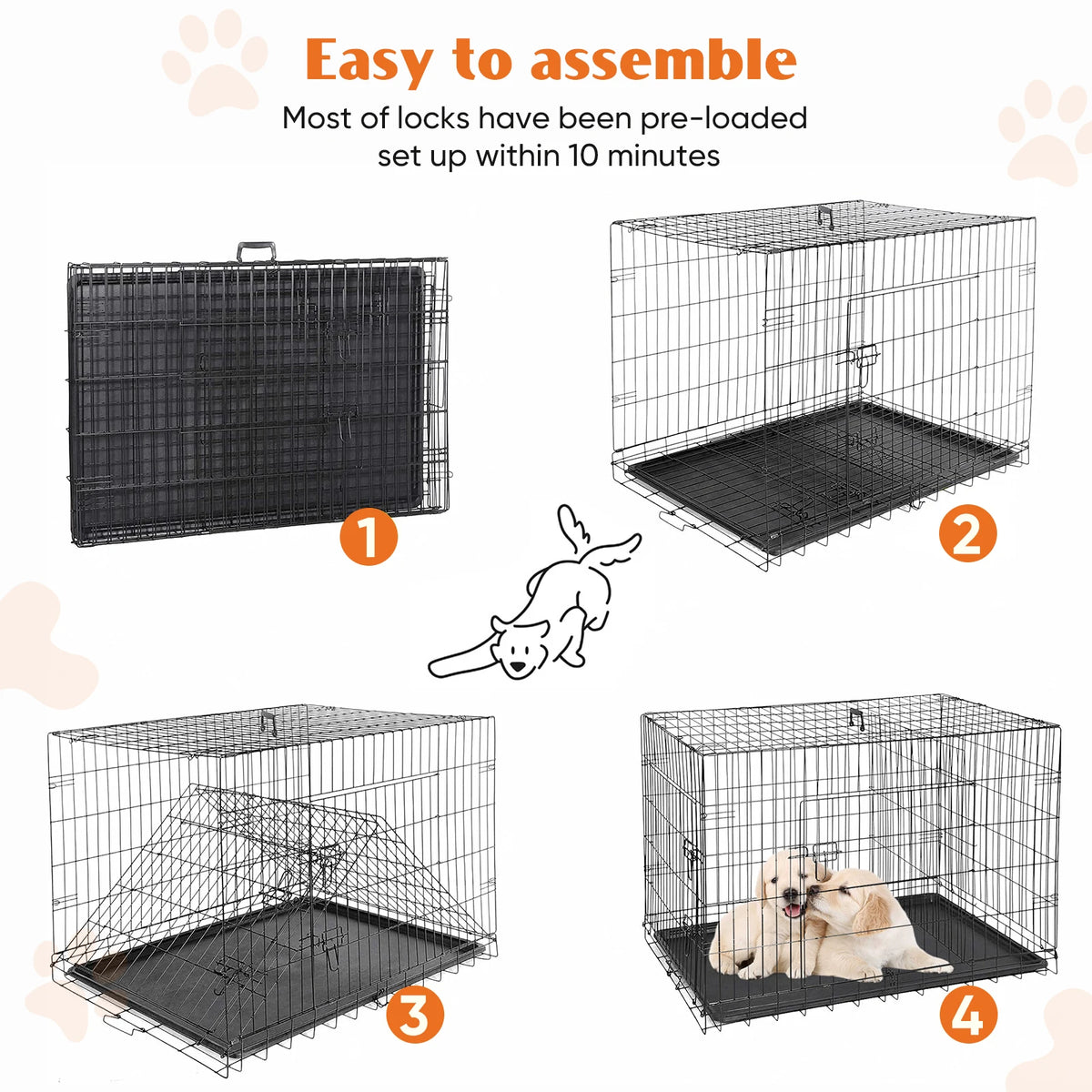 JHK Double Door Folding Metal Wire Dog Crate With Tray