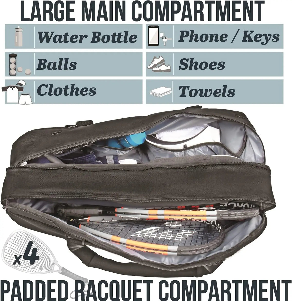 Padded Tennis Racquetball Carry Bag With Double Zipper Protection