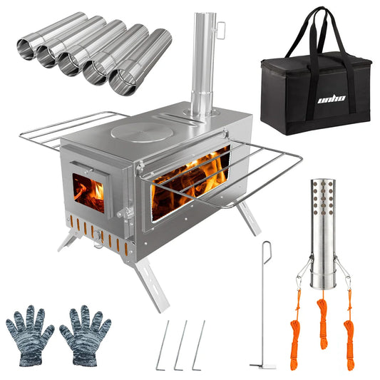 Unho Portable Hot Tent Stove With 6 Stainless Chimney Pipes For Outdoor Heating And Cooking