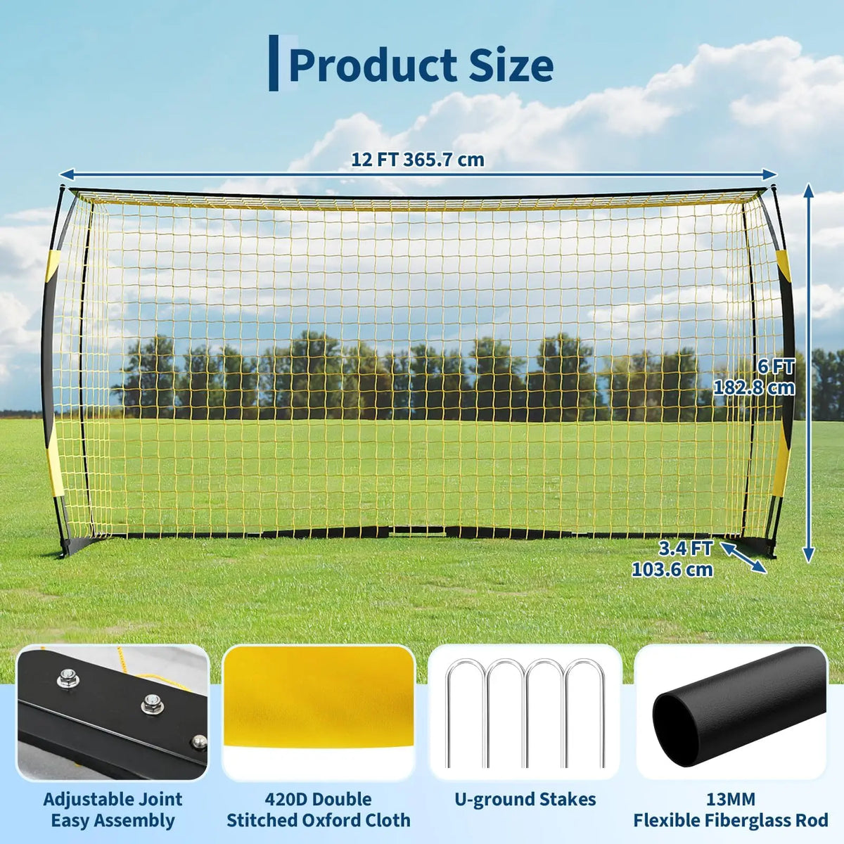 Himiss Heavy Duty Metal Frame Portable 12x6ft Backyard Soccer Goal With Fiberglass Support