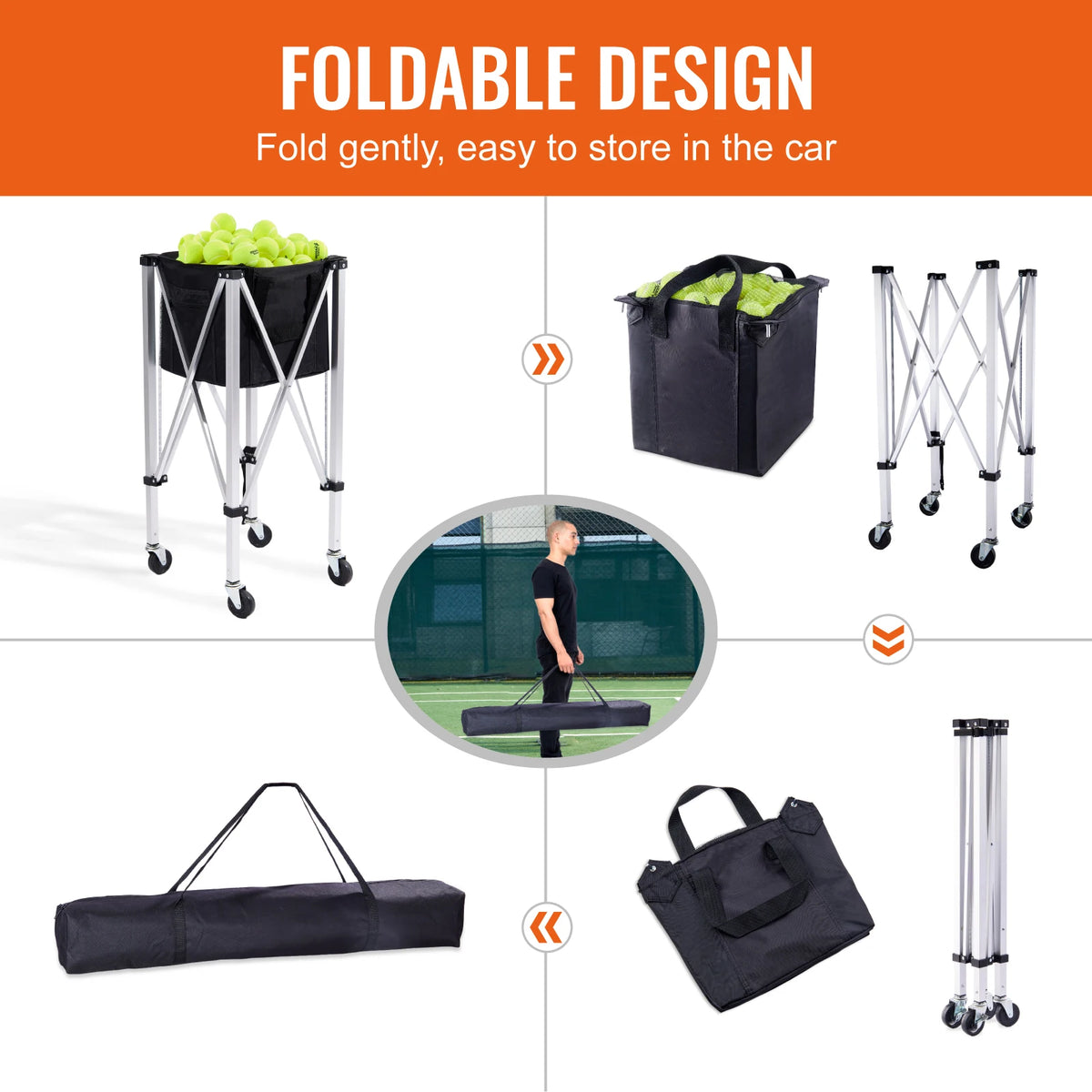 SucceBuy Foldable Tennis Ball Cart With Wheeled Storage Basket