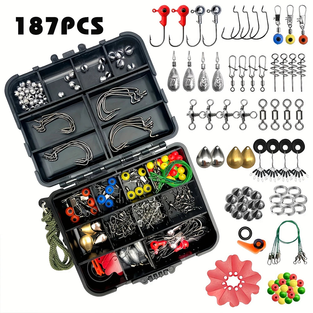 Comprehensive 187 Piece Fishing Tackle Kit Set With Hooks