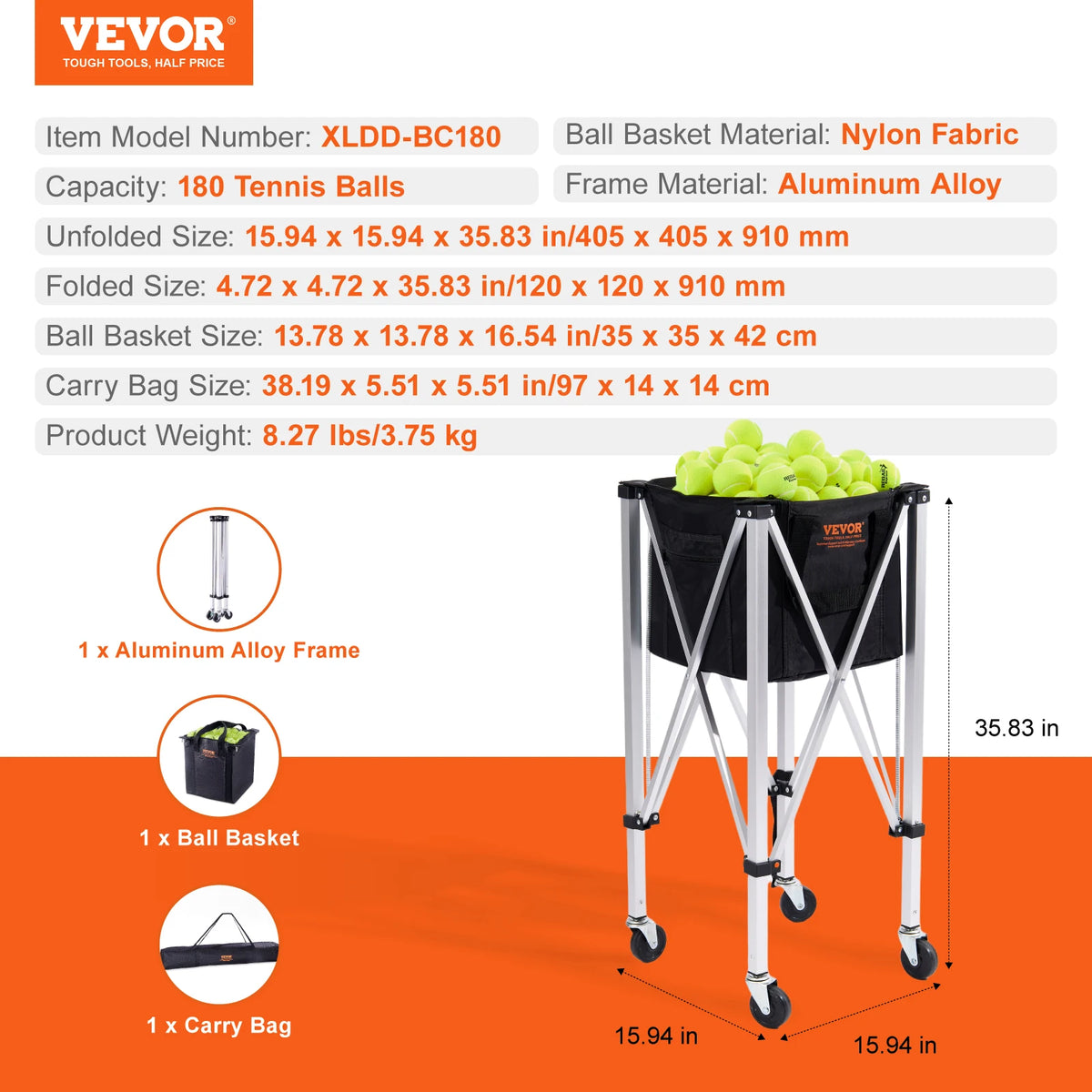SucceBuy Foldable Tennis Ball Cart With Wheeled Storage Basket