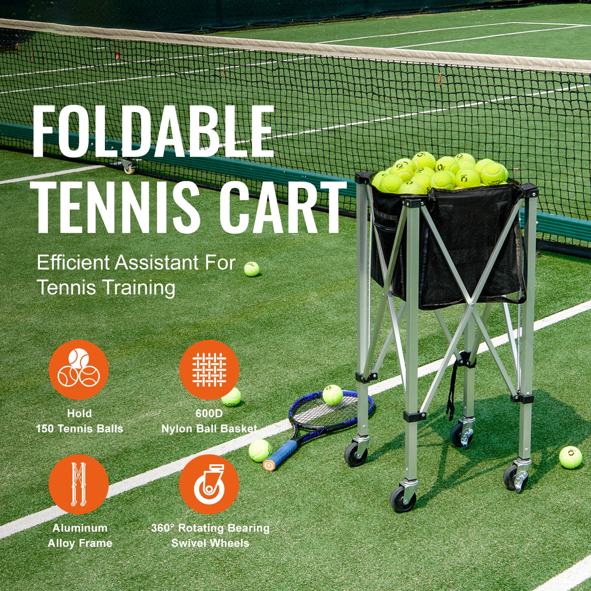 SucceBuy Foldable Tennis Ball Cart With Wheeled Storage Basket
