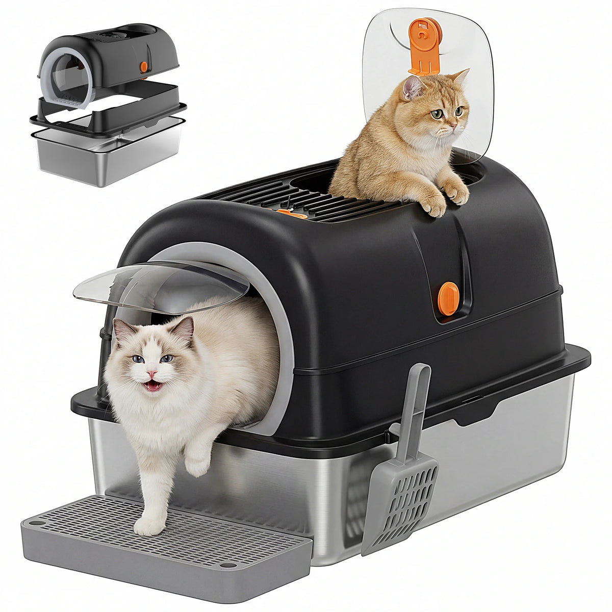 Fully Enclosed Stainless Steel Cat Litter Box With Scoop And Mat