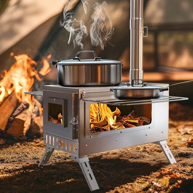 Unho Portable Hot Tent Stove With 6 Stainless Chimney Pipes For Outdoor Heating And Cooking