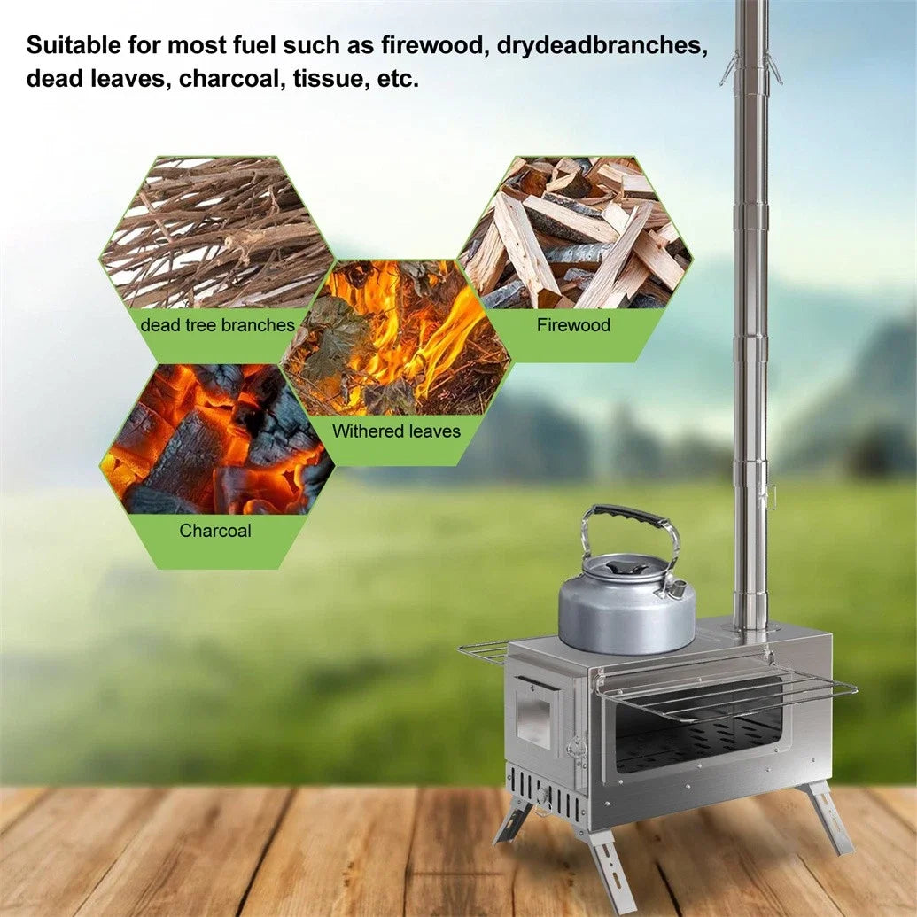 Unho Portable Hot Tent Stove With 6 Stainless Chimney Pipes For Outdoor Heating And Cooking