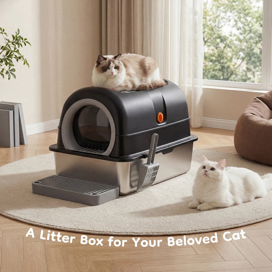 Fully Enclosed Stainless Steel Cat Litter Box With Scoop And Mat