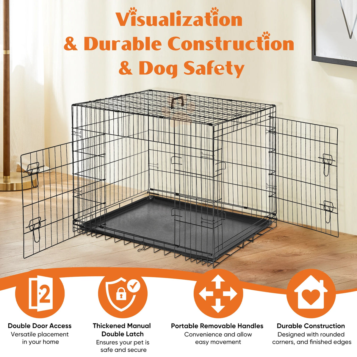 JHK Double Door Folding Metal Wire Dog Crate With Tray