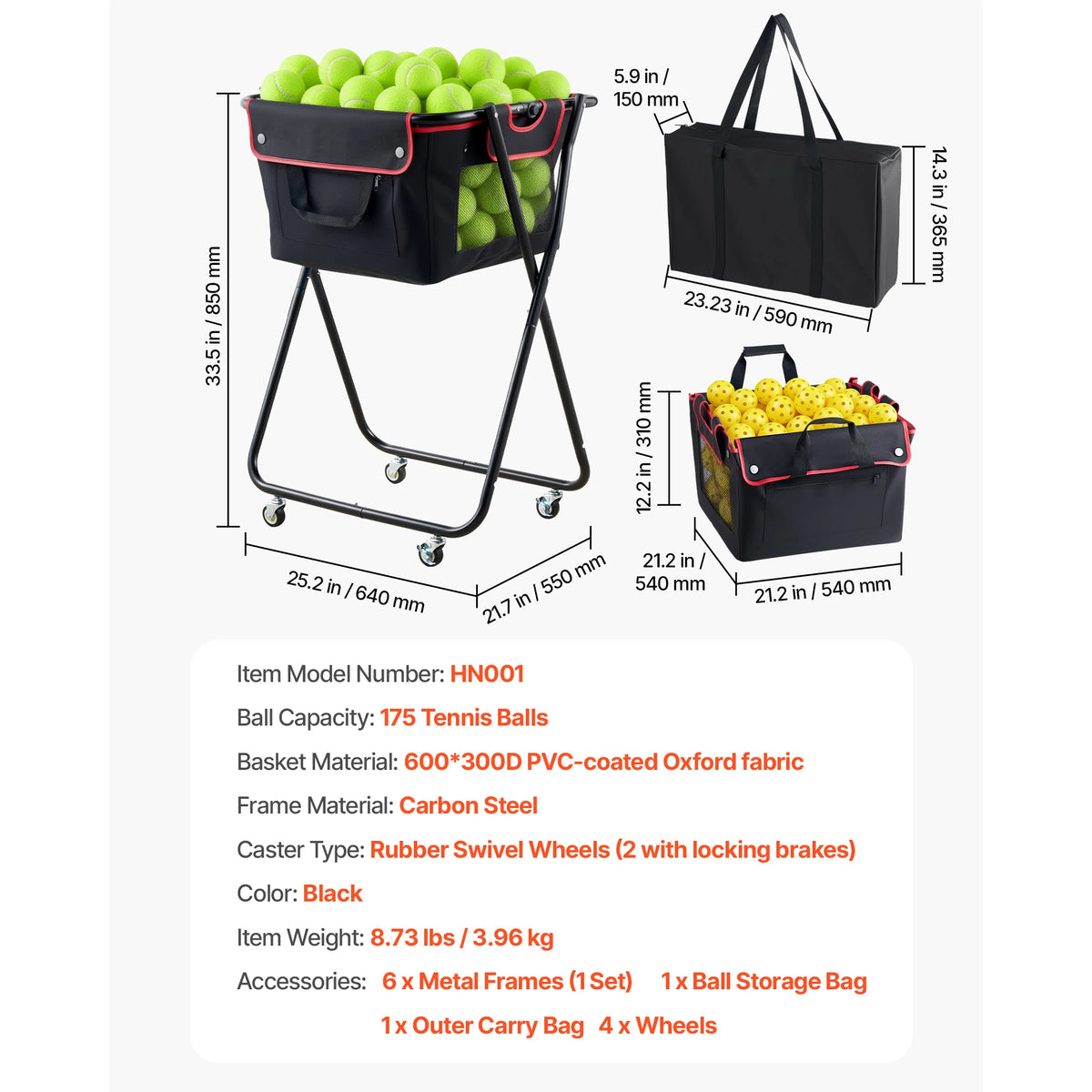 SucceBuy Foldable Tennis Ball Hopper With Durable Wheels