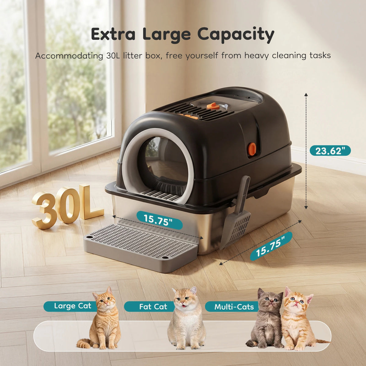 Fully Enclosed Stainless Steel Cat Litter Box With Scoop And Mat