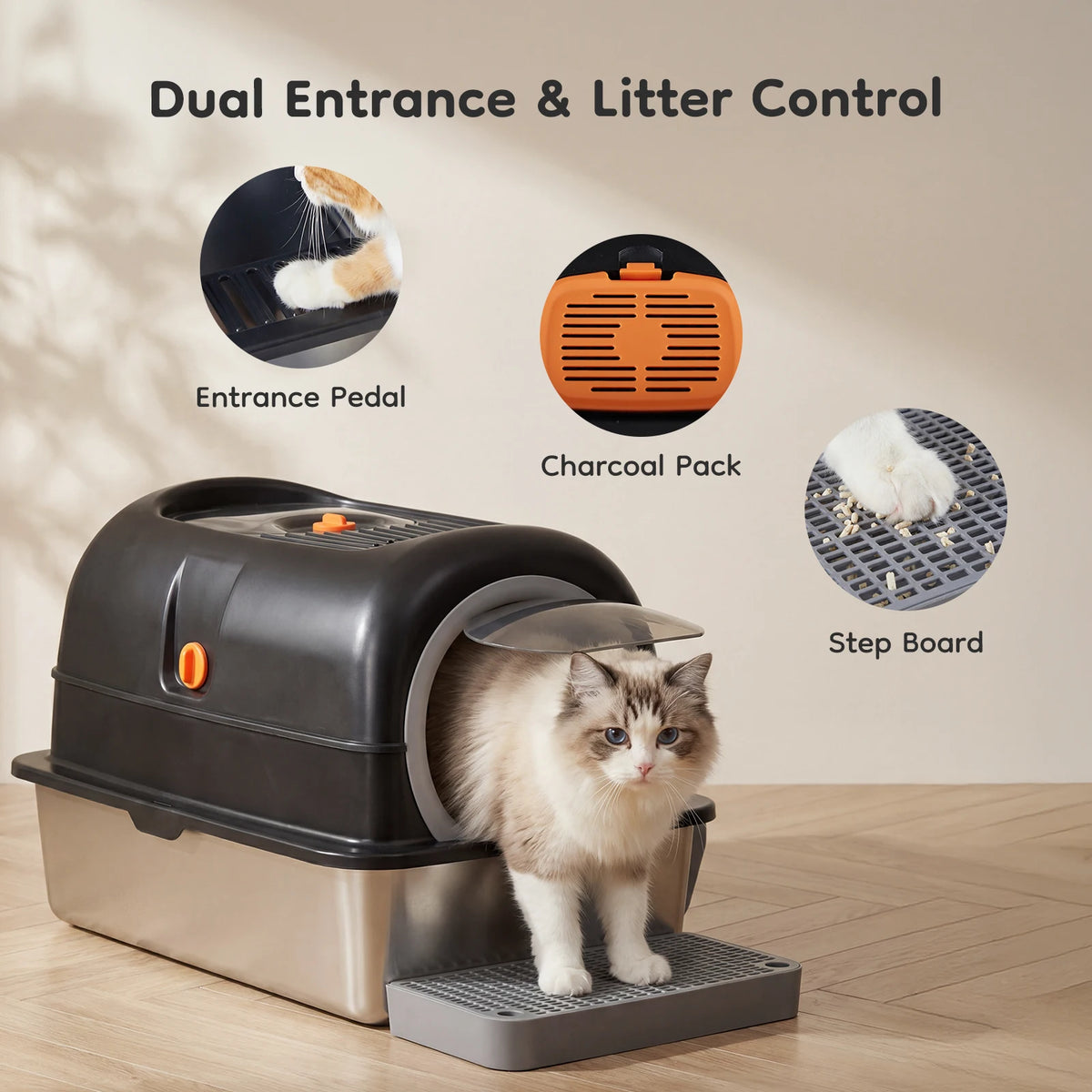 Fully Enclosed Stainless Steel Cat Litter Box With Scoop And Mat