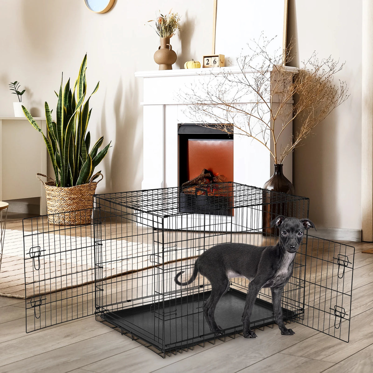JHK Double Door Folding Metal Wire Dog Crate With Tray