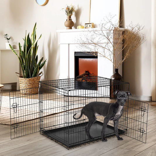 JHK Double Door Folding Metal Wire Dog Crate With Tray