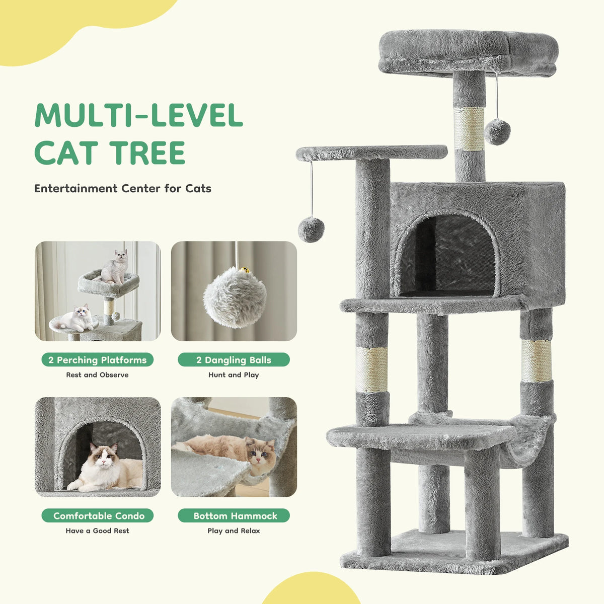 Jhk Sturdy Multi Tier Cat Tree With Sisal Scratching Condo
