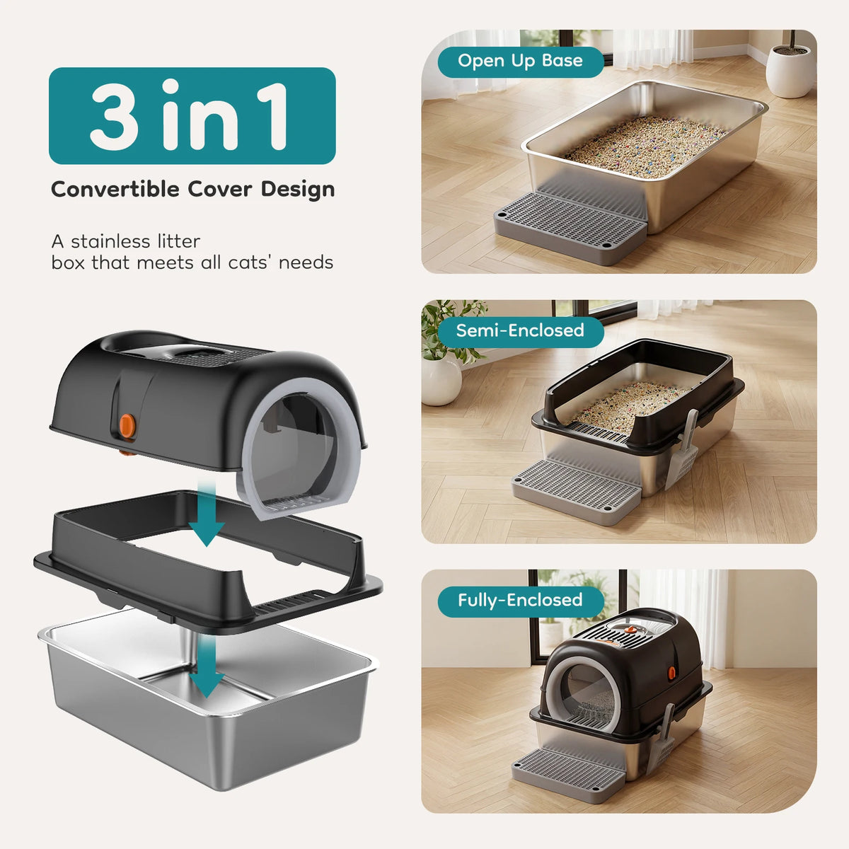Fully Enclosed Stainless Steel Cat Litter Box With Scoop And Mat