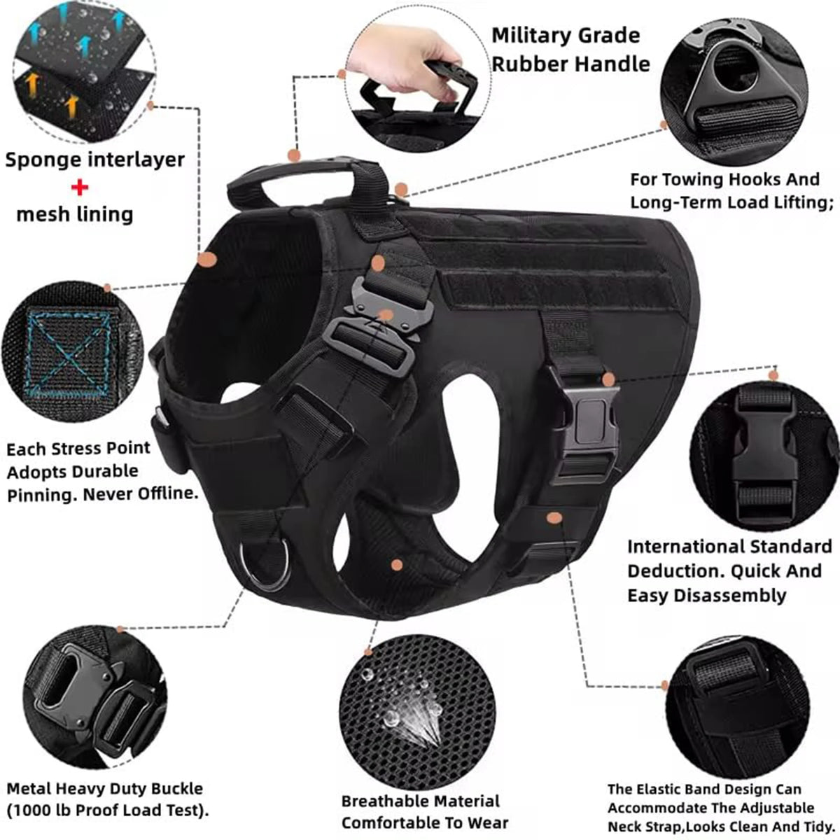 Tactical Padded Dog Harness With Molle Pouches And Quick Release