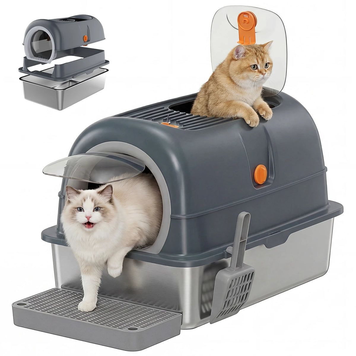 Fully Enclosed Stainless Steel Cat Litter Box With Scoop And Mat