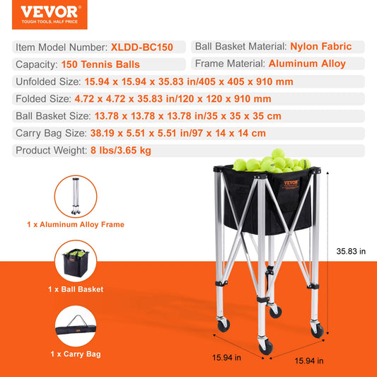 SucceBuy Foldable Tennis Ball Cart With Wheeled Storage Basket