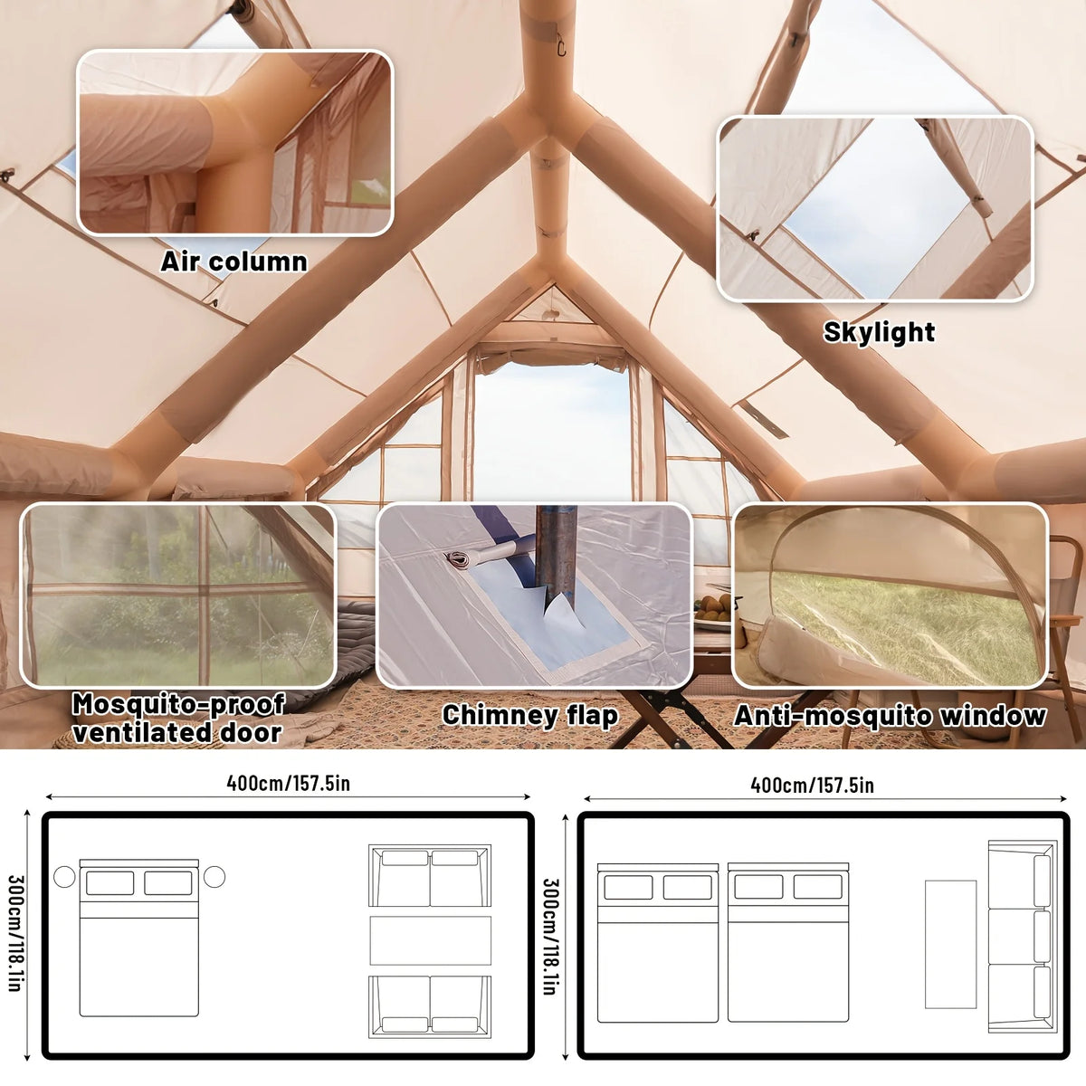 Quick Opening Inflatable Camping Tent With Skylight And Breathable Mesh