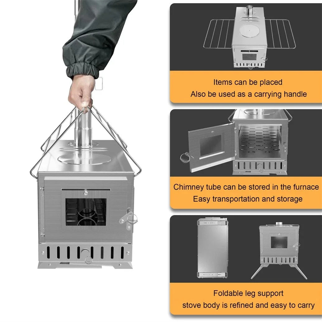 Unho Portable Hot Tent Stove With 6 Stainless Chimney Pipes For Outdoor Heating And Cooking
