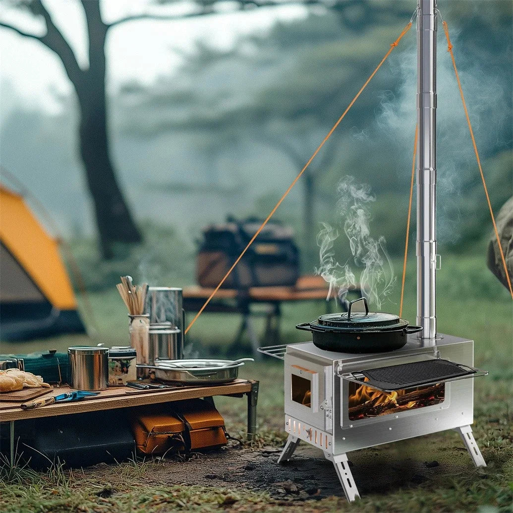 Unho Portable Hot Tent Stove With 6 Stainless Chimney Pipes For Outdoor Heating And Cooking